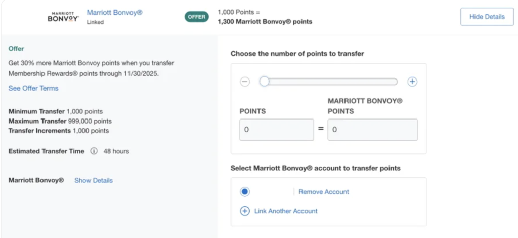 Example of transferring Membership Rewards points to Marriott Bonvoy points
