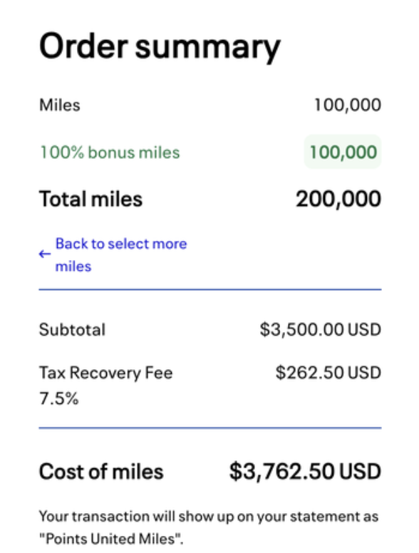 An example of buying points with a 100% bonus offer