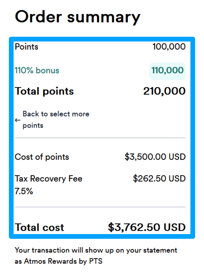 Example of buying 100,000 Atmos Rewards points with a 110% bonus