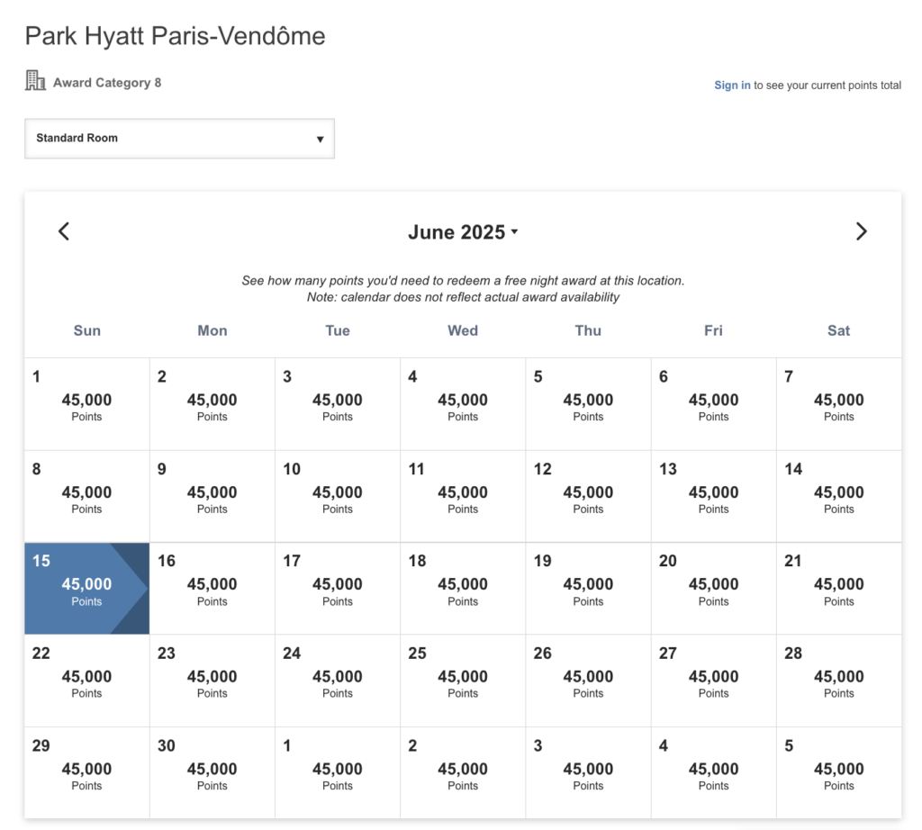Cost of booking a night at Park Hyatt Paris-Vendôme with points