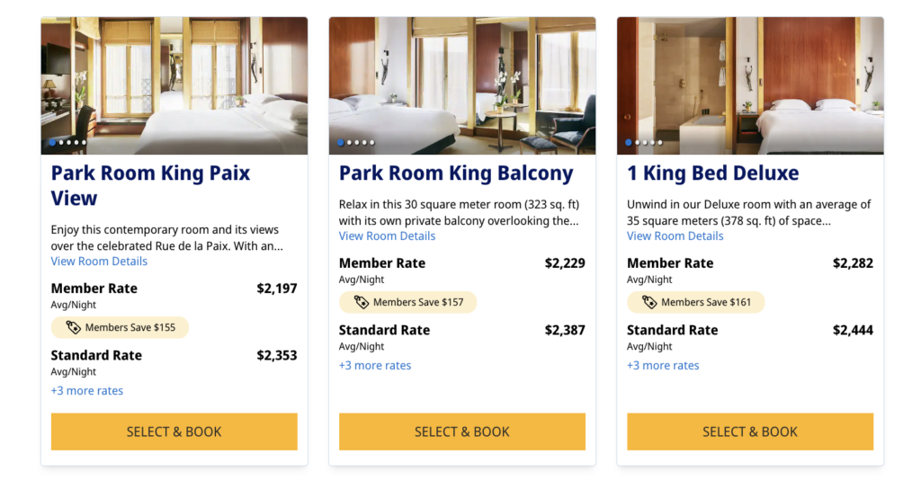 Cost of booking a room at the Park Hyatt Paris-Vendôme hotel in cash