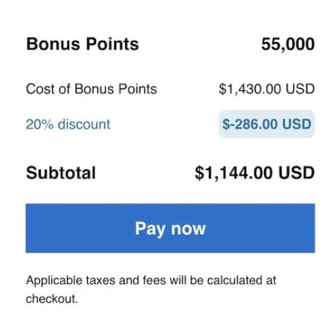Example of buying 55,000 Hyatt points with a 20% discount