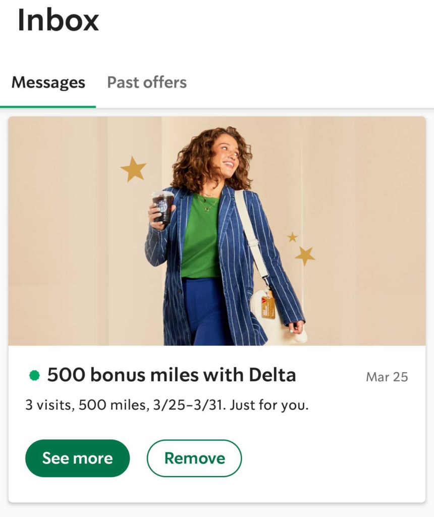 Example of an offer in Starbucks Rewards account