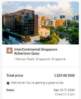 Example cost of booking a stay at InterContinental Hotels Singapore Robertson Quay for cash