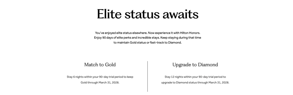 Hilton Status Match & Gold/Diamond Trial Fast Track 2026 2 trial match to Gold status and update to Dimond status