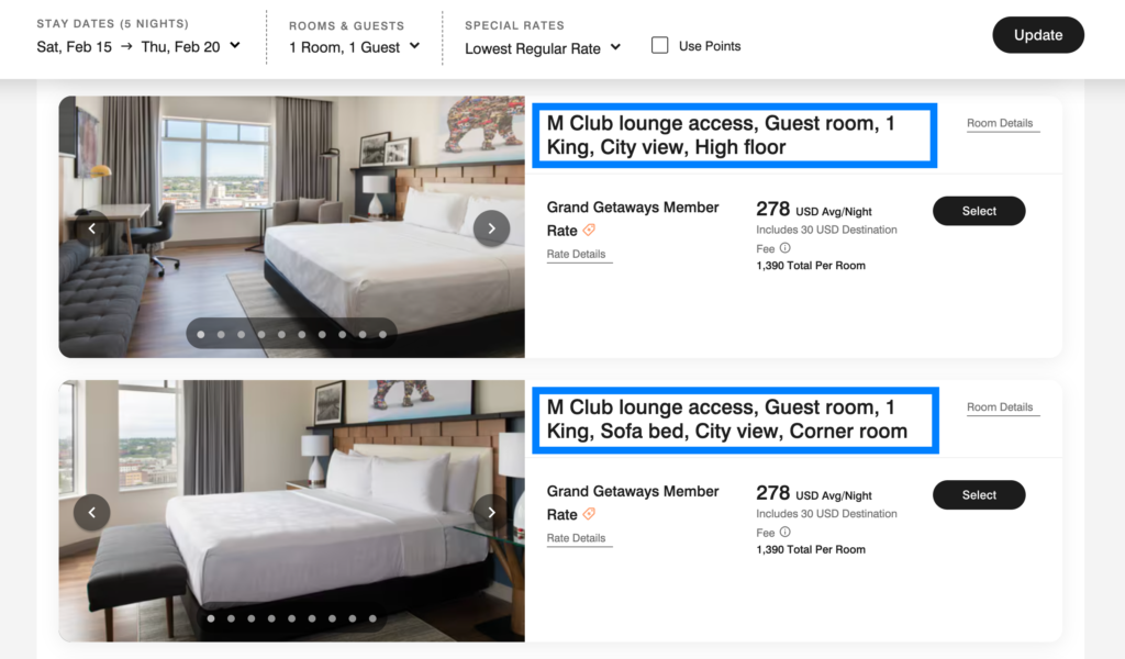 M Club Lounge at Marriott: The Ultimate Guide 2 Example of booking a room at The Bidwell Marriott Portland that includes access to the lounge