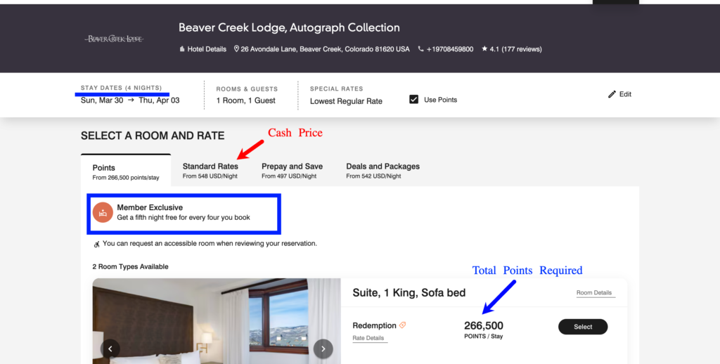 Example of booking 4 nights at Beaver Creek Lodge, Autograph Collection using points
