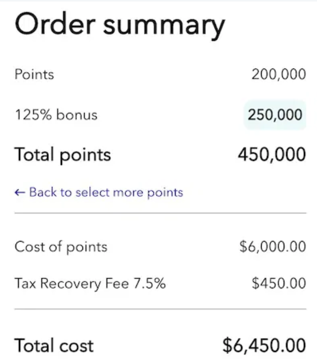An example of buying points with a 125% bonus