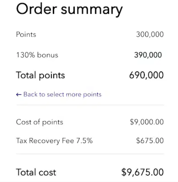 An example of buying points with a 130% bonus
