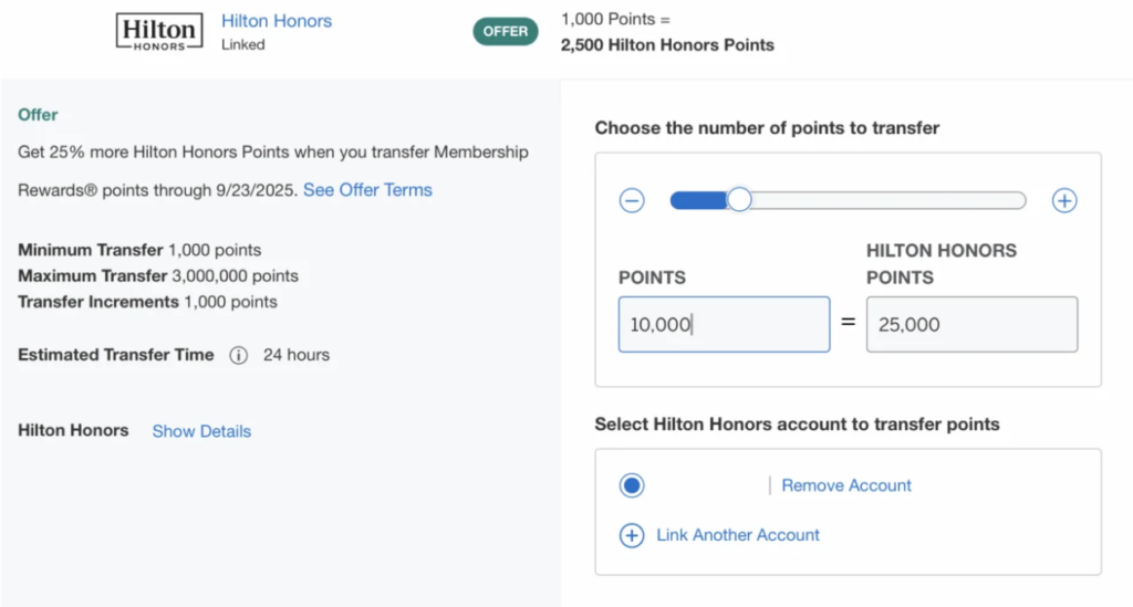 example of converting AMEX points to Hilton points with a 25% bonus