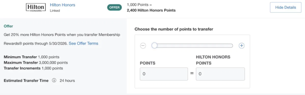 Amex to Hilton: 20% Bonus on Points Transfers Until 5/30 1 example of converting AMEX points to Hilton points with a 25% bonus