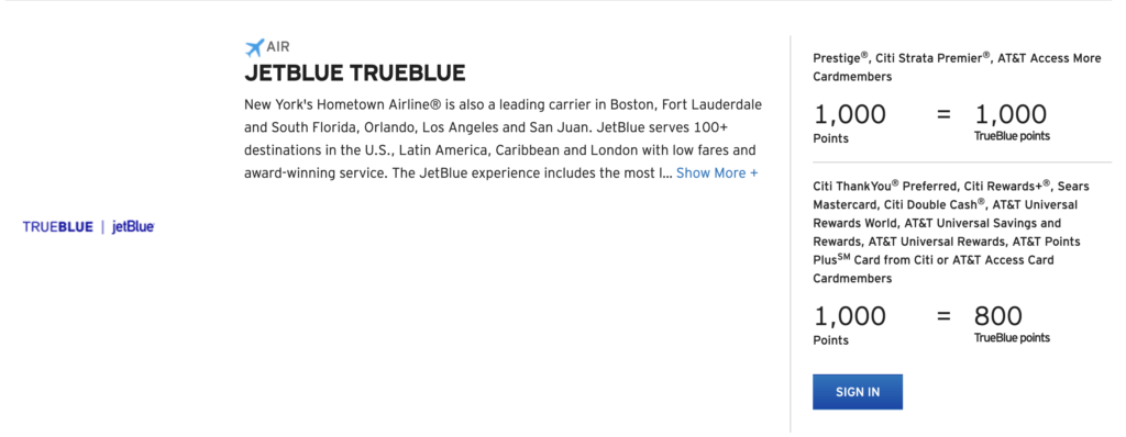 Citi Points to jetblue transfer