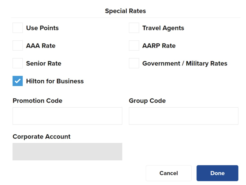 Screenshot from the booking page (Select the Hilton for Business rate)