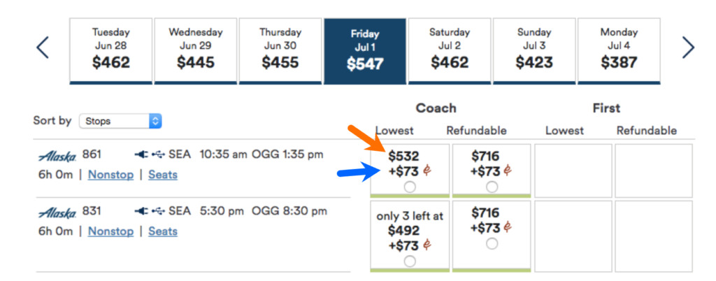 flight search results and prices (for Alaska Companion Fare)