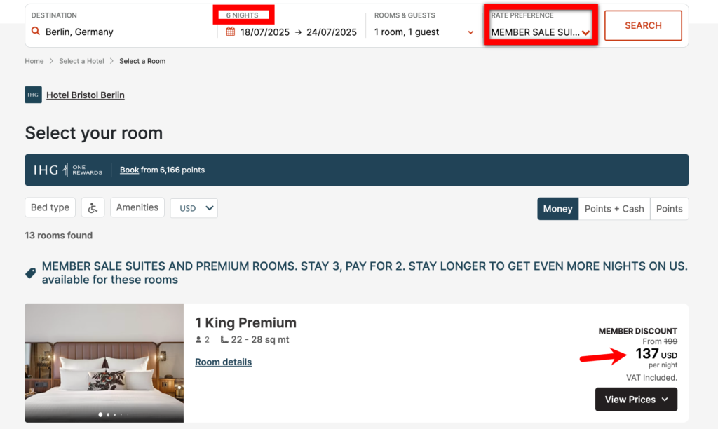 IHG “Stay 3 Pay 2” Promotion: Summer & Fall 2025 4 Example of booking 6 consecutive nights at Hotel Bristol Berlin with the “Stay 3 Pay 2” rate