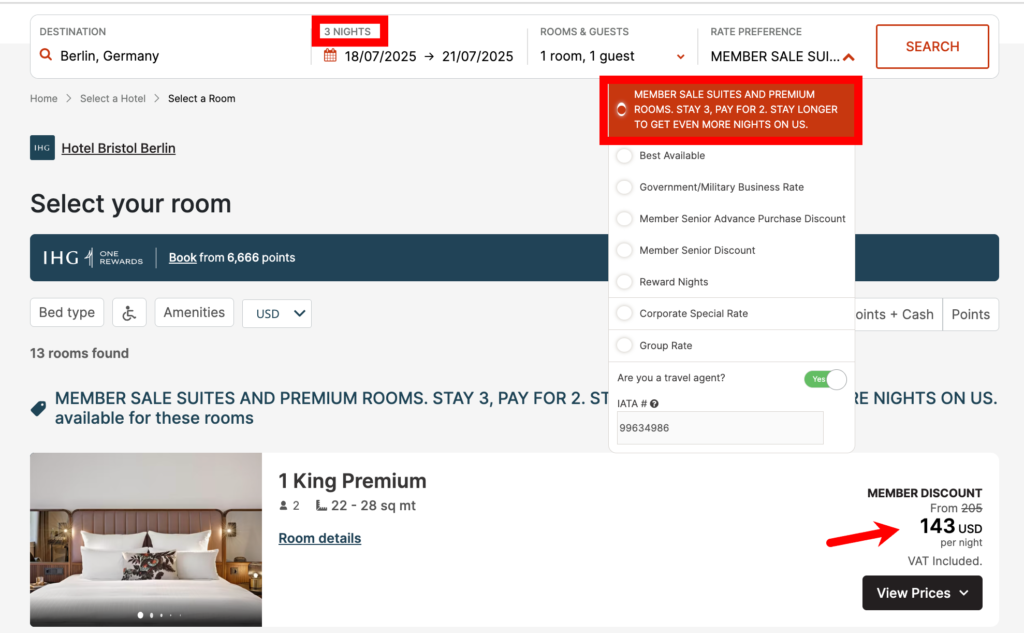 IHG “Stay 3 Pay 2” Promotion: Summer & Fall 2025 3 Example of booking 3 consecutive nights at Hotel Bristol Berlin with the “Stay 3 Pay 2” rate