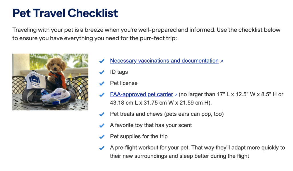 Requirements for transporting animals in the cabin on JetBlue