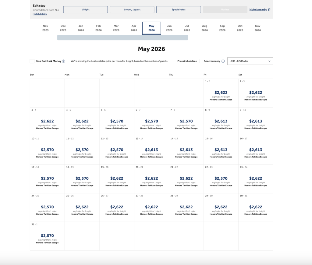 Example of room rates at Conrad Bora Bora Nui resort hotel for cash payments (May 2026)