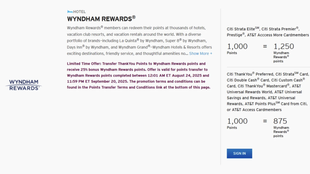 25% transfer bonus when transferring Citi points to Wyndham Rewards