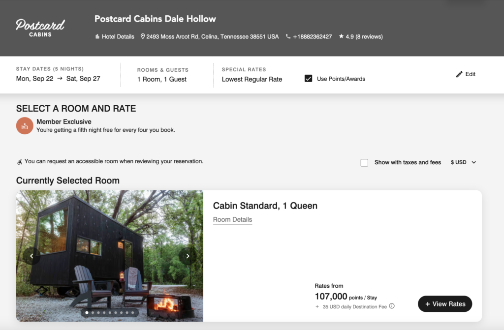 Example of booking Postcard Cabins Dale Hollow with points