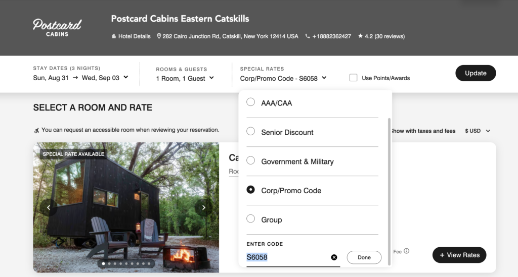 Stay for 3+ Nights at Postcard Cabins Receive a 15% Discount 2 Example of booking Postcard Cabins Eastern Catskills with a promo code