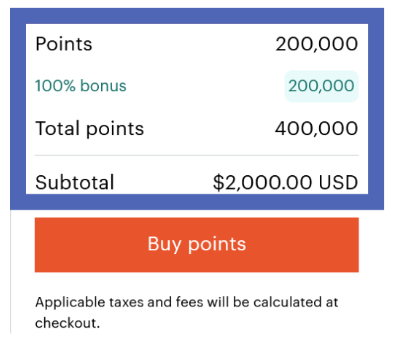 Example of buying 200,000 points with a 100% bonus