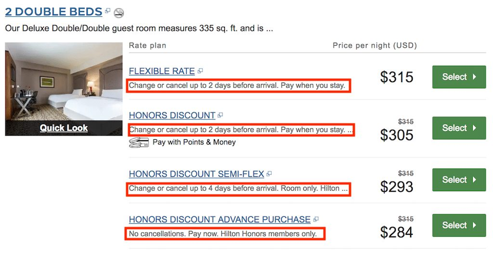 Hilton rate options and their cancellation terms