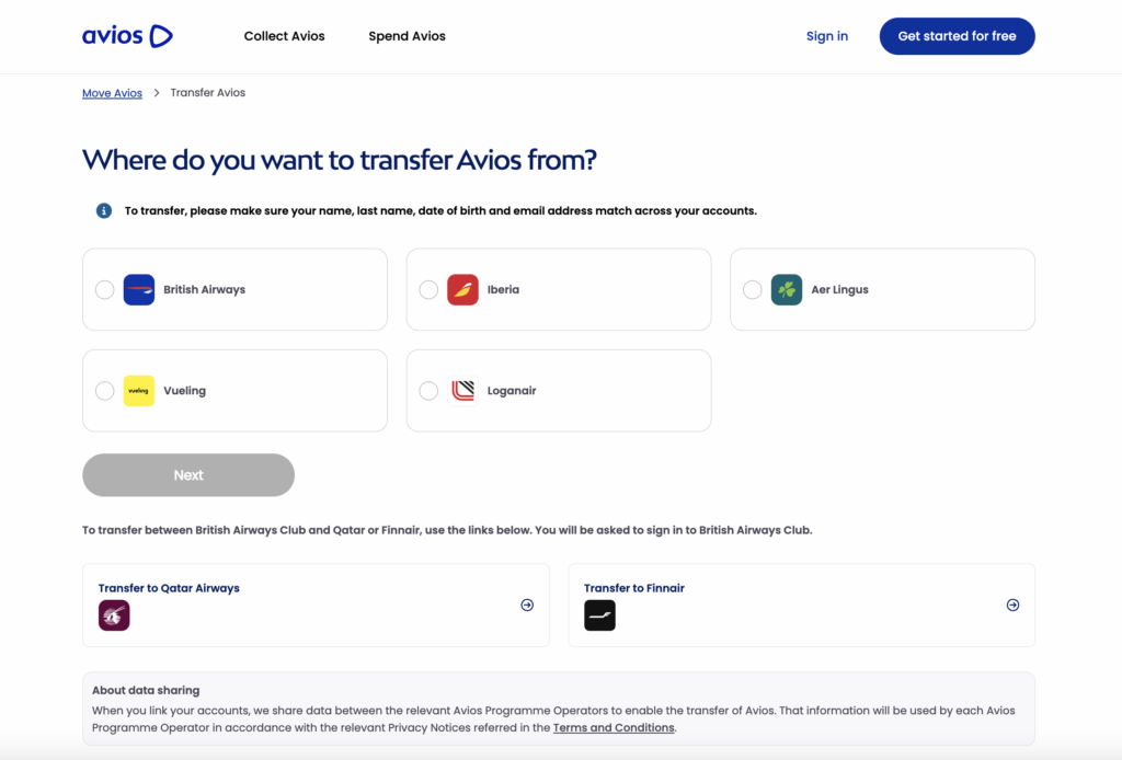 Transfer Avios