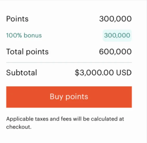 Example of buying 300,000 points with a 100% bonus