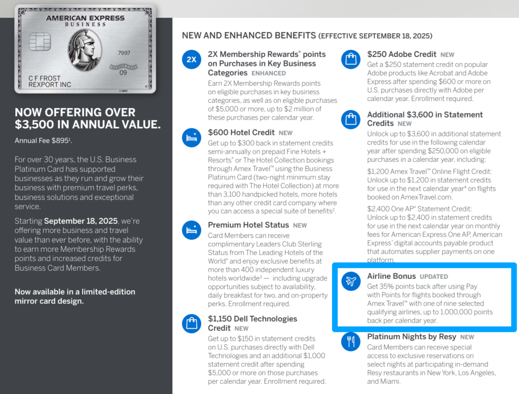 Amex Business Platinum benefits (effective Sept 18, 2025)