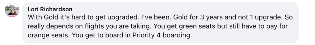 comment from Facebook About limited upgrade chances for gold status