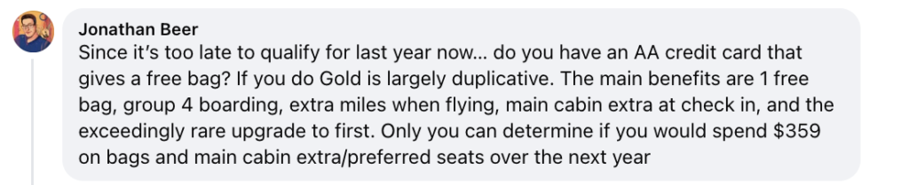 comment from Facebook about overlap with credit card benefits