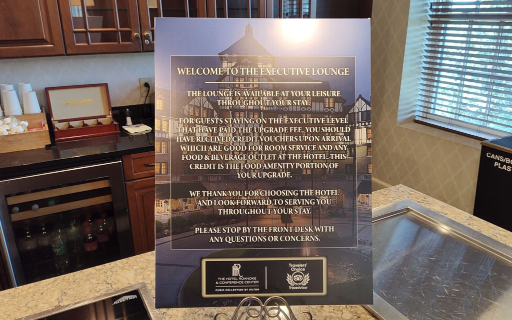 Roanoke hotel explains that guests receive credit vouchers for the restaurant or room service instead of food in the lounge
