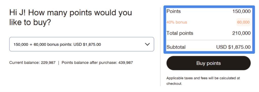 Buy Marriott Points Promotion (+ 40% Bonus) and Higher Limit 2 Example of buying 150,000 points with a 40% bonus