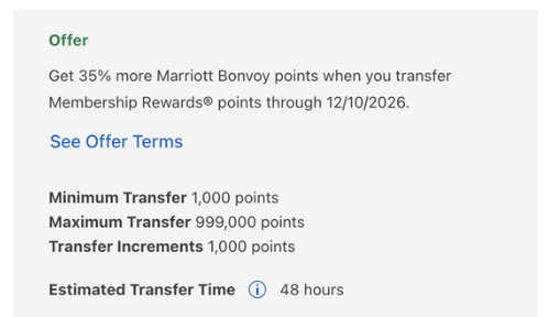 American Express 35% Transfer Bonus to Marriott Bonvoy 3 Screenshot of the offer
