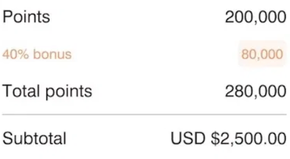 Example of buying 200,000 points with a 40% bonus