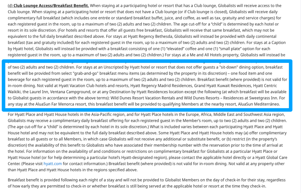 Screenshot with added exceptions for Globalist about breakfast at certain brands with World of Hyatt Terms & Conditions