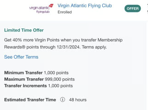 Amex → Virgin Atlantic 40% Transfer Bonus