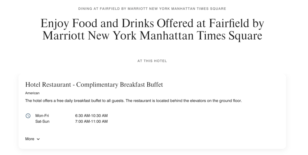 Fairfield by Marriott New York Manhattan Times Square provides complimentary breakfast in the restaurant, opening hours