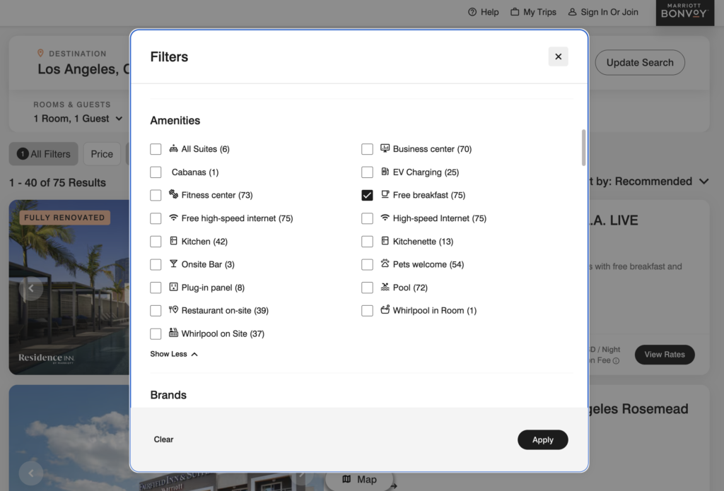 filter by free breakfast