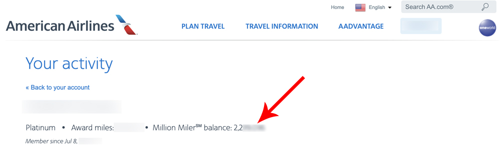 Number of million qualifying miles in AA AAdvantage account