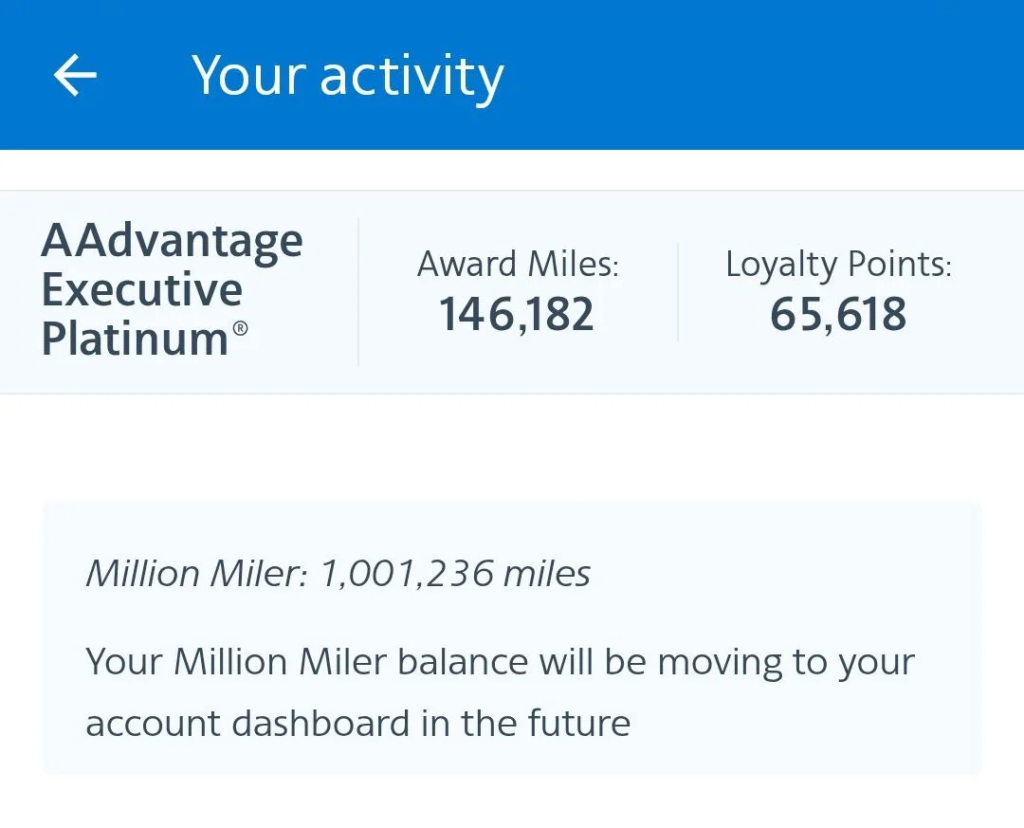 Example of a Million Miler balance in an account