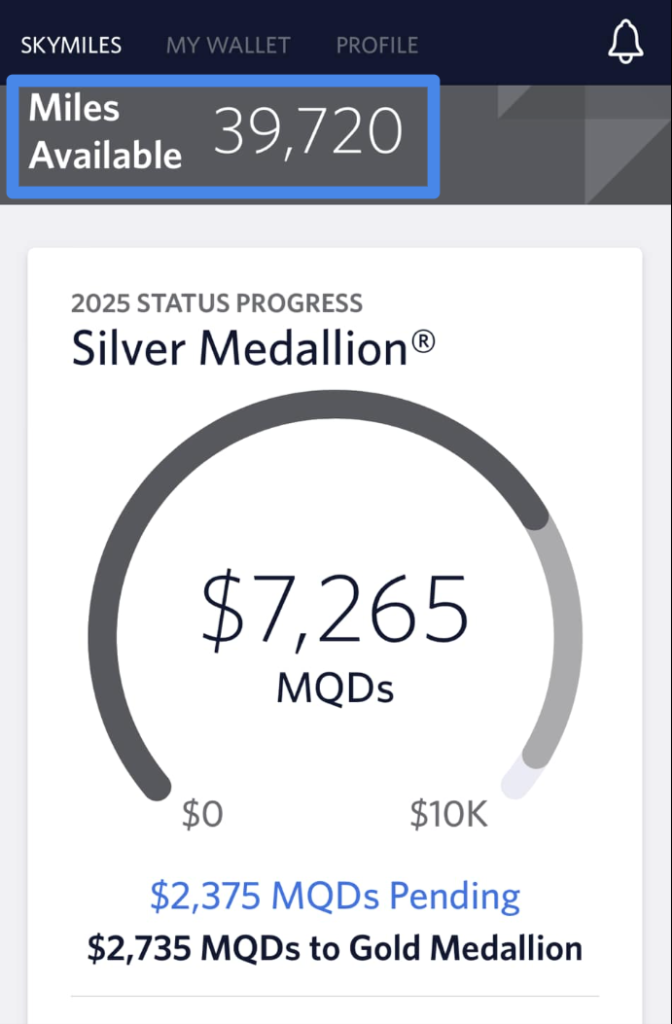 Example of a SkyMiles account dashboard showing total miles flown