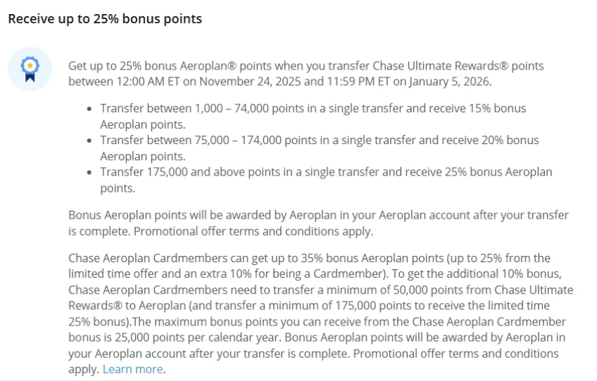 get up to 25% more Aeroplan points when you transfer your Chase points to Air Canada's Aeroplan program