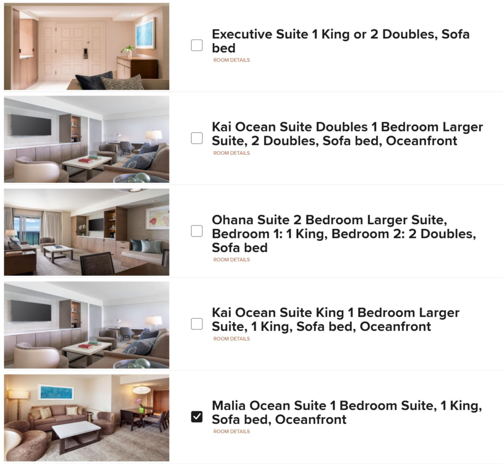 Options for upgrading a room using Nightly Upgrade Awards, as illustrated by one of the bookings