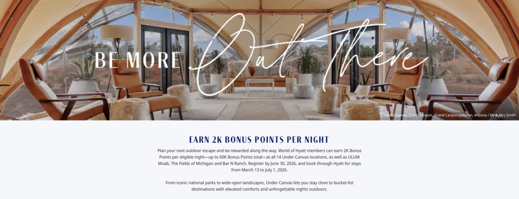 2K Bonus Points per Night (up to 60K Points Total) at Under Canvas