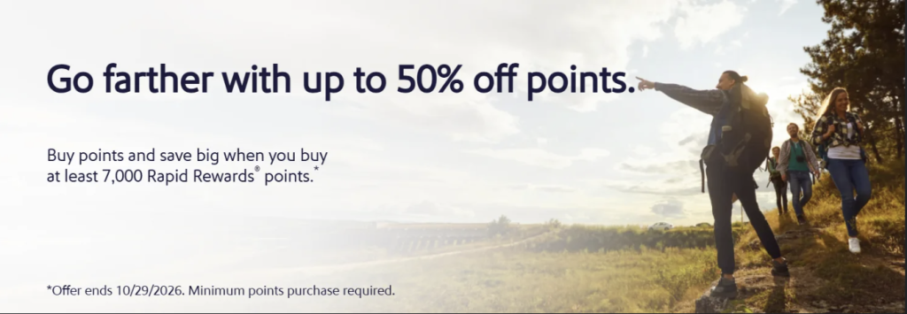 Buy Southwest Rapid Rewards Points With Up to a 50% Discount Through October 29 3 Buy Rapid Rewards Points with a discount of up to 50%