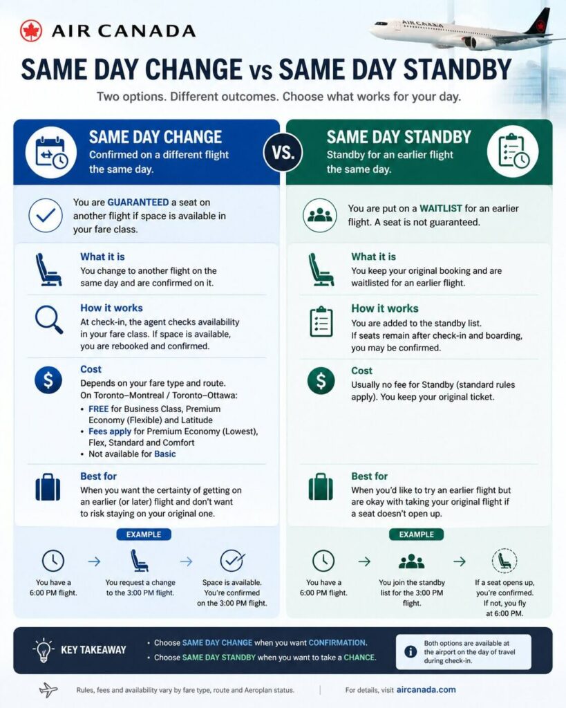 Air Canada Same Day Change (Aeroplan): How This Option Works and When It’s Free 1 Same Day Change vs. Same Day Standby Air Canada