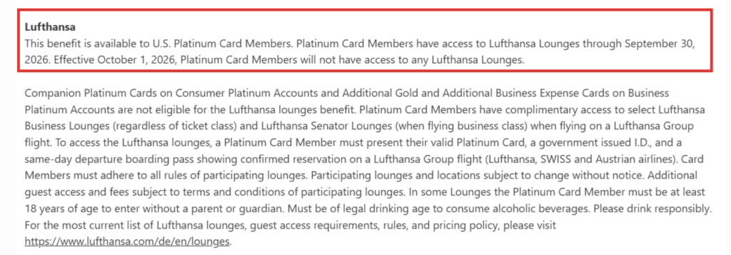 Platinum Card Members will lose access to all Lufthansa lounges effective October 1, 2026