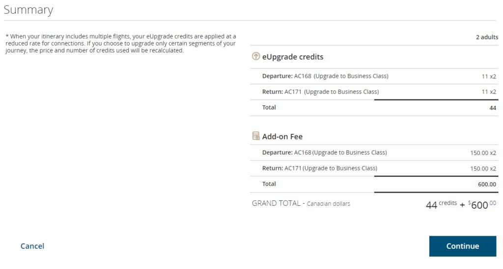 How to Use Air Canada eUpgrade Credits 2 Example of How Add-On Fees Are Calculated